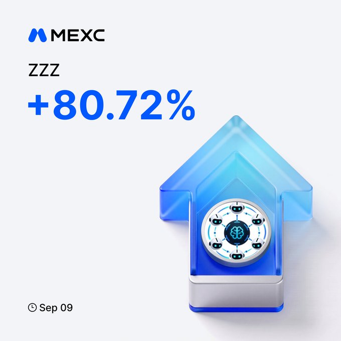 A MEXC promotional graphic featuring a glowing blue upward arrow with a futuristic circular emblem at its center, highlighting the ZZZ token's +80.72% gain as of Sep 09. The bold blue percentage and ticker text align with the post's celebration of ZZZ's surge on MEXC Futures.