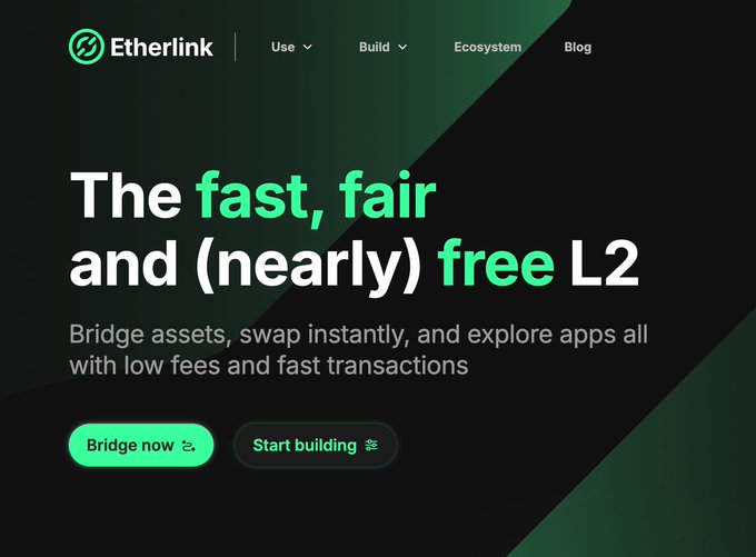 The image is a hero banner for the Etherlink website, featuring the headline "The fast, fair and (nearly) free L2" with a tagline about bridging assets and swapping instantly, alongside "Bridge now" and "Start building" call-to-action buttons. It visually reinforces the post's message by highlighting Etherlink's appeal to builders through its emphasis on speed, low fees, and Layer 2 infrastructure.