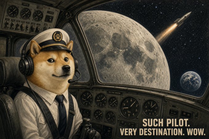 A Shiba Inu dressed as a pilot sits at the helm of a vintage cockpit, gazing out at the moon with a rocket blasting off in the distance. The caption reads "SUCH PILOT. VERY DESTINATION. WOW." — a Doge-themed meme riffing on the post's request for a "fast flight to moon $DOGE," referencing both the literal moon and the popular crypto slang for skyrocketing prices.