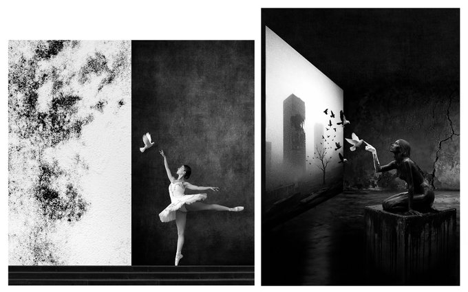 A split black and white surrealist composition featuring a ballerina reaching for a dove, and a sculpture releasing birds into a projected cityscape.