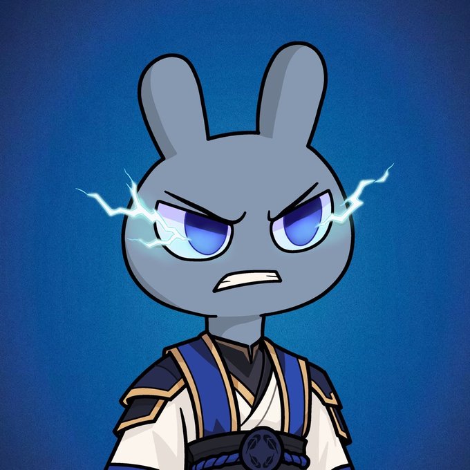 An animated cartoon of an angry grey rabbit character with glowing blue lightning eyes wearing traditional Chinese-style clothing against a dark blue background.