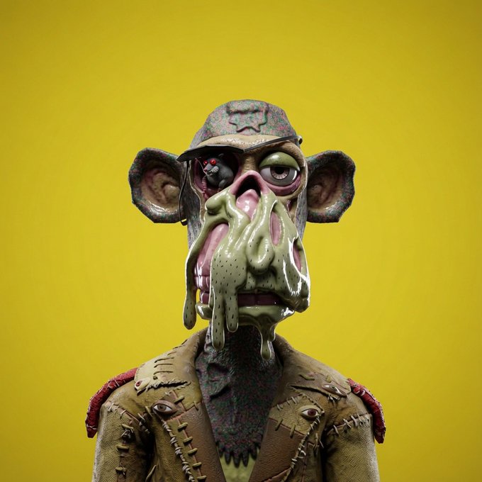 A 3D-rendered character portrait of a grotesque, zombie-like figure with a military cap, oversized ears, a milky eye, and a stitched military uniform against a yellow background.