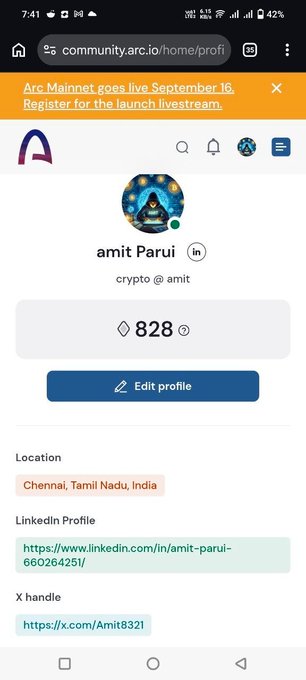 A mobile screenshot of an Arc profile page for 'amit Parui' showing a score of 828, located in Chennai, Tamil Nadu, India, with links to LinkedIn and X.