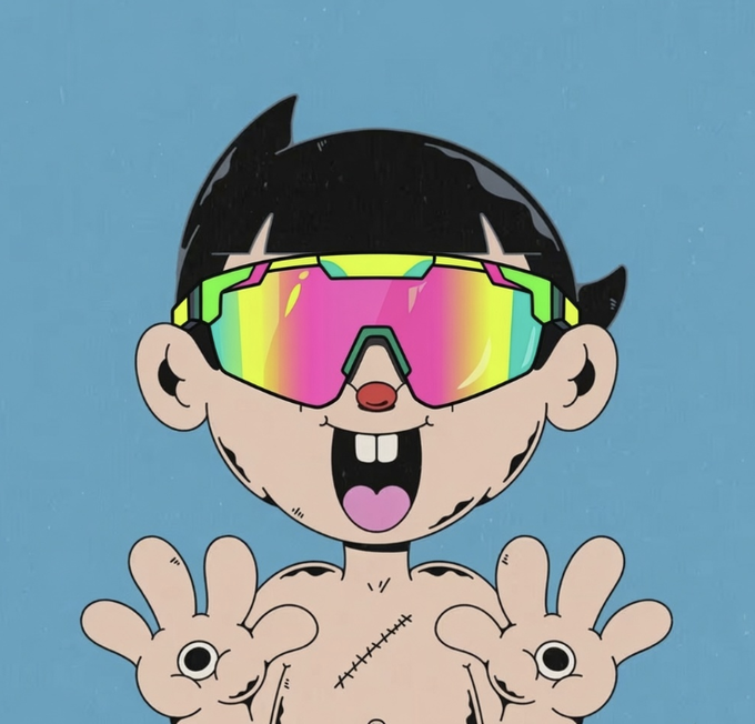 A cartoon NFT-style character with black hair wearing iridescent sunglasses, smiling with buck teeth and showing stitched scars on its body.