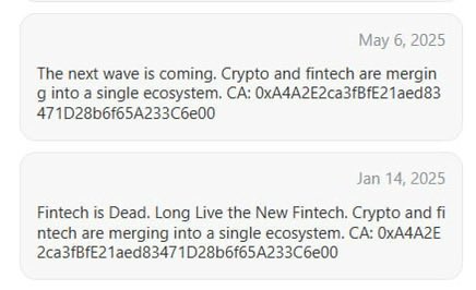 Two text messages dated January 14, 2025 and May 6, 2025 discuss fintech and crypto merging into a single ecosystem, both containing the same contract address: '0xA4A2E2ca3fBfE21aed83471D28b6f65A233C6e00'.