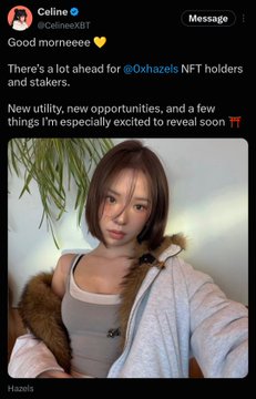 A tweet by Celine (@CelineXBT) from Okhazels features a selfie of a young woman with short brown hair wearing a fur-lined jacket and tank top. The post teases upcoming utility and opportunities for @Okhazels NFT holders, pairing the hint of new reveals with a cautionary reminder to stay liquid and avoid impulsive mints—suggesting the "excited to reveal" tease shouldn't override careful judgment.