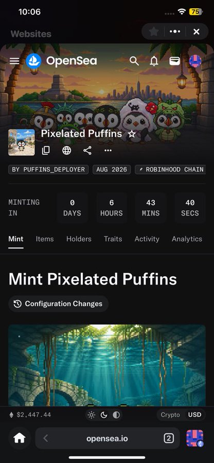A screenshot of OpenSea on a mobile browser showing an NFT collection called "Pixelated Puffins" by PUFFINS_DEPLOYER, hosted on Robinhood Chain, with a mint countdown timer.