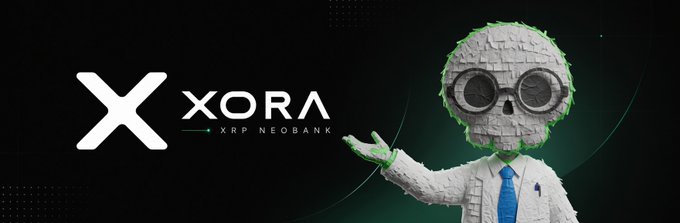 A promotional banner for "XORA - XRP NEOBANK" featuring the platform's logo next to a stylized mummy character wearing glasses and a blue tie, gesturing toward the brand name. The dark, tech-themed design with green accents visually reinforces the post's institutional Ripple/XRP narrative, tying the emerging XRP neobank to SBI's significant $41.2 billion stake signal.