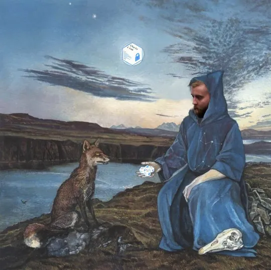 A hooded figure in blue robes sits in a landscape with a fox and a skull, holding a small house icon, while a constellation appears in the sky.