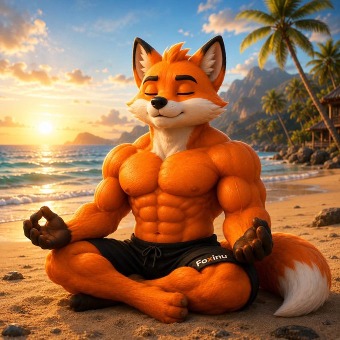 A muscular anthropomorphic fox meditates in lotus pose on a tropical beach at sunset, wearing black shorts labeled "Foxinu." The image visually reinforces the post's theme of "early conviction" by depicting the Foxinu character calmly and confidently practicing mindfulness—symbolizing the patience and zen-like conviction required to ape in early before the $10k+ buys that will bring "late validation" to the $FINU token (CA: 3roGjzv4TeaWFN8VN6hfUKAsmoVUrYmmB2Dz3NYF1GAA).