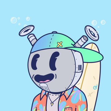 A cartoon illustration of a metallic robot character wearing a green and blue cap with antennas, a colorful patterned Hawaiian shirt, and holding a surfboard against a light blue background with bubbles.