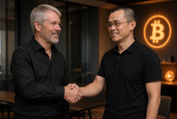 Two men—one resembling MicroStrategy's Michael Saylor and the other Binance founder Changpeng Zhao (CZ)—smile and shake hands in front of a glowing orange Bitcoin (₿) logo, visually representing the reported collaboration between Saylor and CZ to launch Binance DeFi products ($srUSDat and PT-USDat) backed by Saylor's Bitcoin digital credit system.