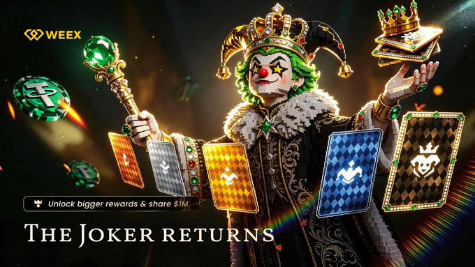 A promotional WEEX banner titled 'THE JOKER RETURNS' featuring a crowned Joker character holding a scepter and floating cards, with the text 'Unlock bigger rewards & share $1M'.