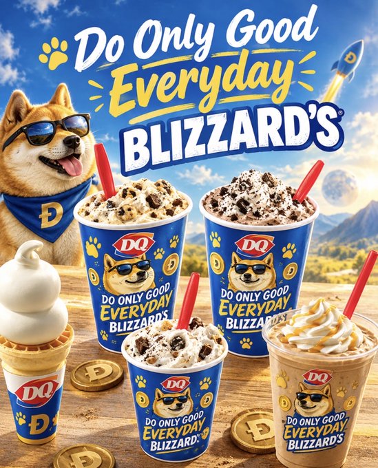 A Dairy Queen promotional advertisement reading 'Do Only Good Everyday BLIZZARD'S', featuring a dog mascot wearing sunglasses alongside several Blizzard ice cream cups and a cone.
