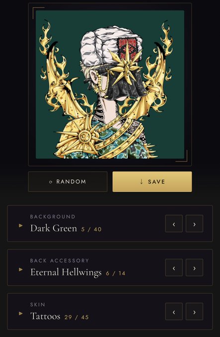 An NFT character customization screen showing a white-haired character with a mask and golden 'Eternal Hellwings' against a 'Dark Green' background.