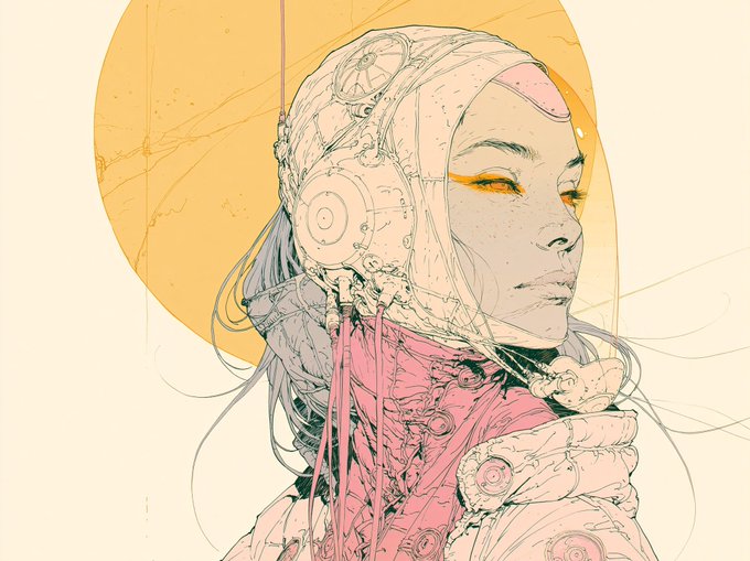A stylized illustration of a woman with intricate cybernetic headgear, glowing orange eyes, and pink fabric, set against a pale yellow circular background.