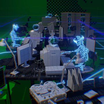 Stylized 3D digital art scene depicting gray computer workstations and monitor setups on a metallic platform, illuminated by glowing blue holographic figures and laser beams against a green checkered background.