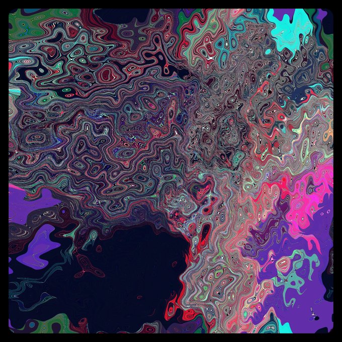 An abstract, psychedelic digital artwork featuring swirling, fluid patterns in vibrant shades of purple, pink, red, teal, and black, framed by a black border.