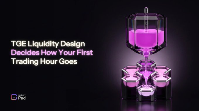 A promotional graphic with a dark background features the text "TGE Liquidity Design Decides How Your First Trading Hour Goes" alongside a stylized 3D hourglass illustration filled with glowing pink liquid, branded with the ChainGPT Pad logo in the bottom corner. The design visually represents the post's focus on how early-stage token liquidity decisions shape a token generation event's crucial opening trading period.
