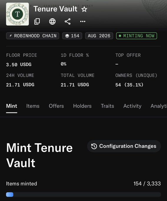 A NFT collection page titled 'Tenure Vault' on Robinhood Chain, showing 154 items minted out of 3,333, with a floor price of 3.50 USDG and a 'MINTING NOW' status.