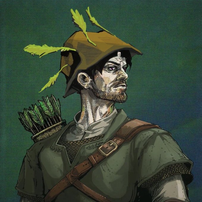 An illustrated portrait of a rugged man wearing a wide-brimmed hat adorned with green leaves, carrying a quiver of arrows on his back.