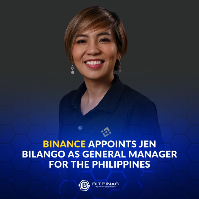A promotional graphic announcing 'BINANCE APPOINTS JEN BILANGO AS GENERAL MANAGER FOR THE PHILIPPINES' featuring a smiling woman with short hair against a blue hexagonal background, credited to BitPinas.