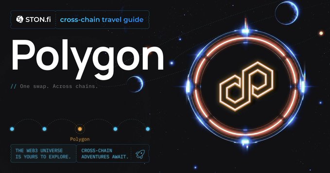 A promotional graphic for STON.fi featuring 'Polygon' as a cross-chain travel guide, with the tagline 'One swap. Across chains' and 'The Web3 universe is yours to explore, cross-chain adventures await.'