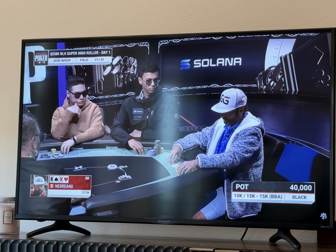 A photograph of a Sharp TV displaying a poker tournament (PokerGO) showing players Negreanu and others, with 'SOLANA' branding and a pot of 40,000.