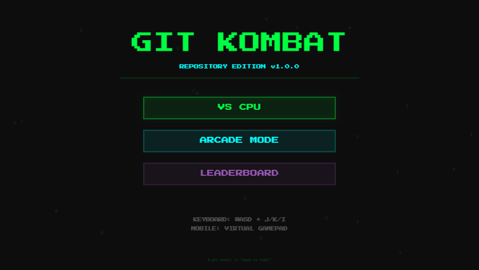 The image features a screenshot of a computer screen displaying a game called "Git Kombat" with three different modes, including Arcade mode, Leaderboard mode, and CPU mode. The game appears to be an old-school fighting game that is not available for download or purchase at the moment.