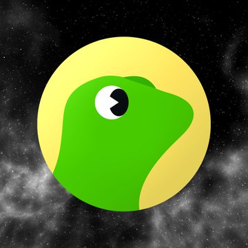 A stylized image of a green snake-like creature resembling the Android logo with a Pac-Man-style mouth, set against a starry space background with a yellow circle.