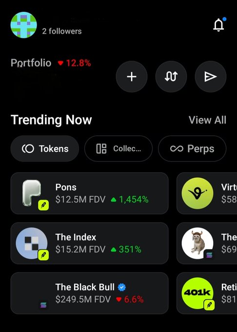 A mobile app portfolio screen showing 2 followers with a portfolio down 12.8%, featuring a 'Trending Now' section with tokens like Pons ($12.5M FDV, +1,454%), The Index ($15.2M FDV, +351%), and The Black Bull ($249.5M FDV, -6.6%).