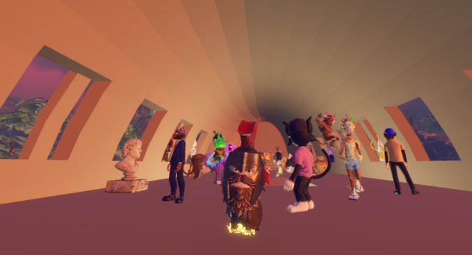 A virtual gallery scene featuring various stylized 3D avatars gathered around a central bronze statue in a domed room with arched windows.