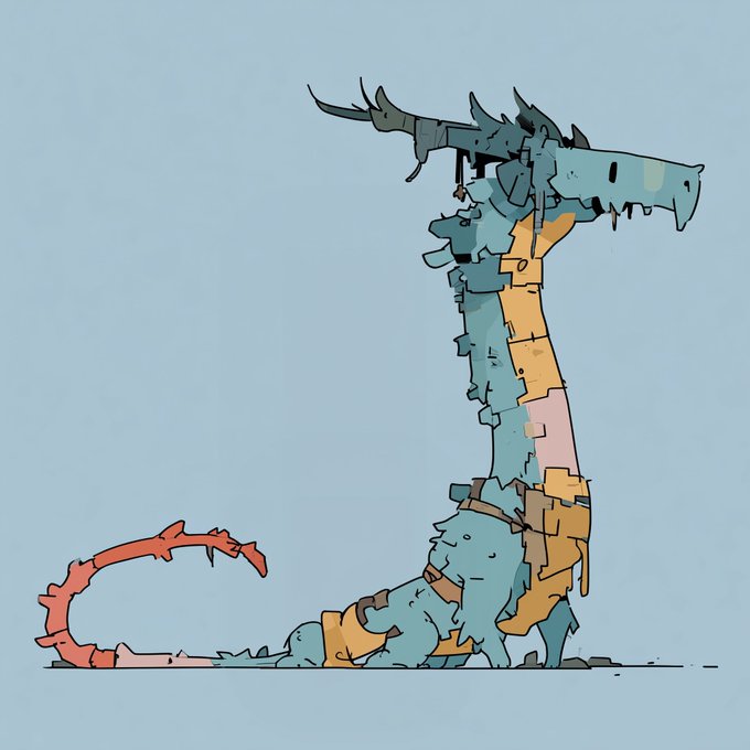 A stylized illustration of a mechanical or cybernetic dragon-like creature with blue and orange patchwork plating, featuring a long red tail, set against a plain light blue background.