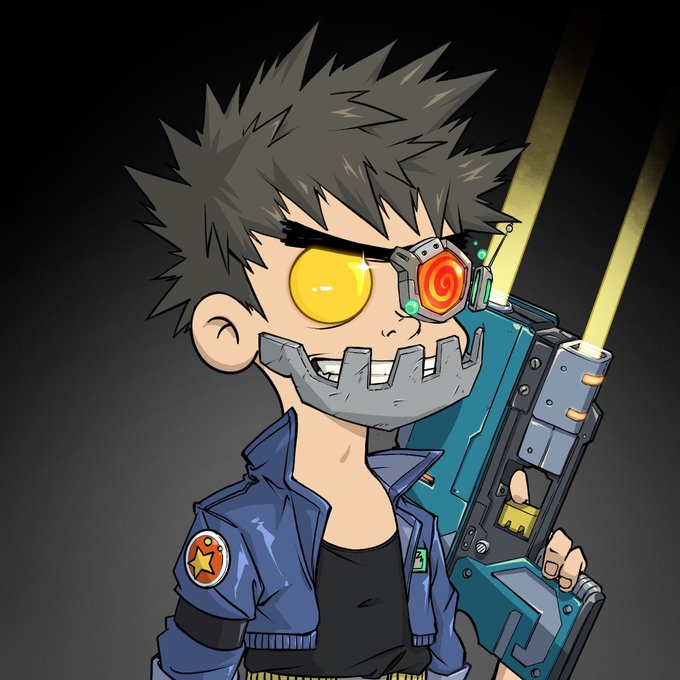 A stylized anime-style illustration of a spiky-haired, cyborg-like character holding a large futuristic gun, featuring a glowing red cybernetic eye, a metal jaw, and a blue jacket with a star patch, which appears to be artwork for the ZTH Academy NFT collection mentioned in the post about their Twitter hangout and dynamic trait system discussion.