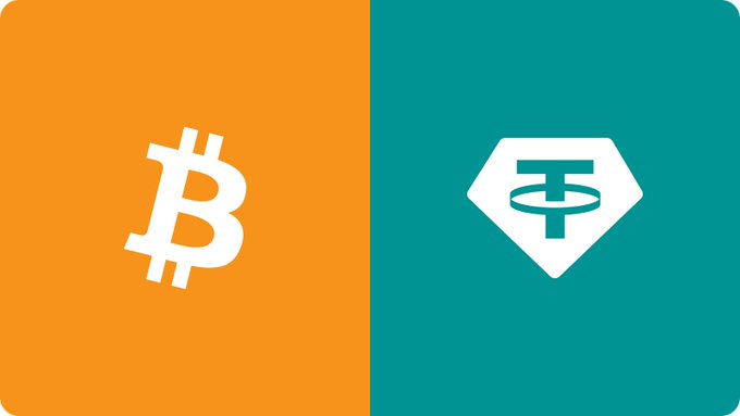 A graphic displaying the Bitcoin logo on an orange background next to the Tether (USDT) logo on a teal background.