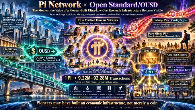 A vibrant promotional graphic titled "Pi Network × Open Standard/OUSD" showcasing the moment of value visibility for a Pioneer-Built Ultra-Low-Cost Economic Infrastructure, featuring transaction metrics of "1 Pi → 9.22M–92.28M Transactions" alongside key ecosystem components like OUSD, SREF, and the Core Vault Collateral system, visually aligning with the post's theme of strategic predictive analysis linking Pi Network with Open Standard/OUSD infrastructure.