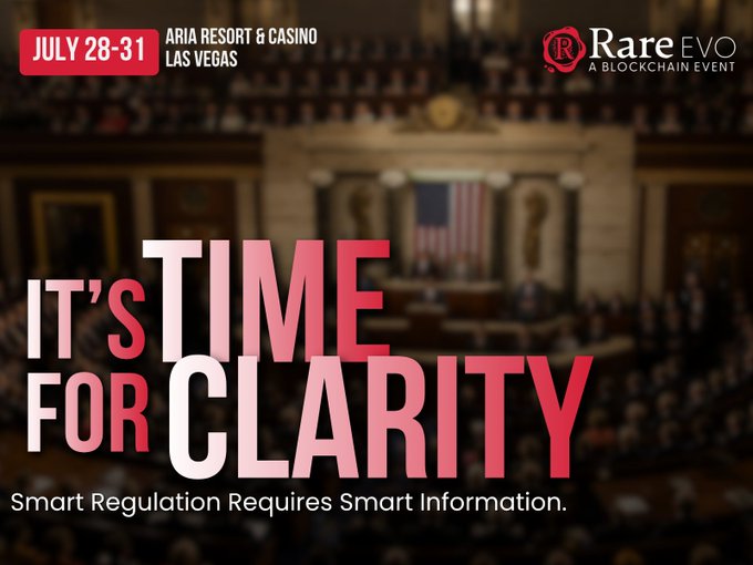 Promotional graphic for the RareEVO blockchain event at Aria Resort & Casino in Las Vegas (July 28-31), featuring the headline 'IT'S TIME FOR CLARITY - Smart Regulation Requires Smart Information' overlaid on a government chamber background.