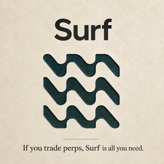A vintage-style promotional graphic with a beige textured background features the bold word "Surf" above a dark green wavy pattern, with the tagline "If you trade perps, Surf is all you need." at the bottom, visually reinforcing the post's recommendation for the @SurfAI trading tool that consolidates perp market information.