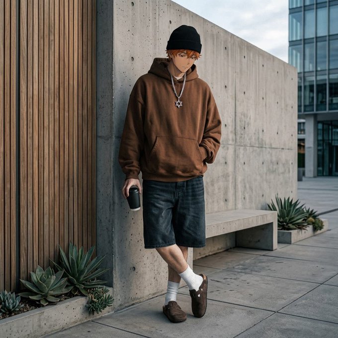 An anime-style illustration of a young man in a brown hoodie, black beanie, and Star of David necklace leaning against a concrete wall while holding a coffee cup.