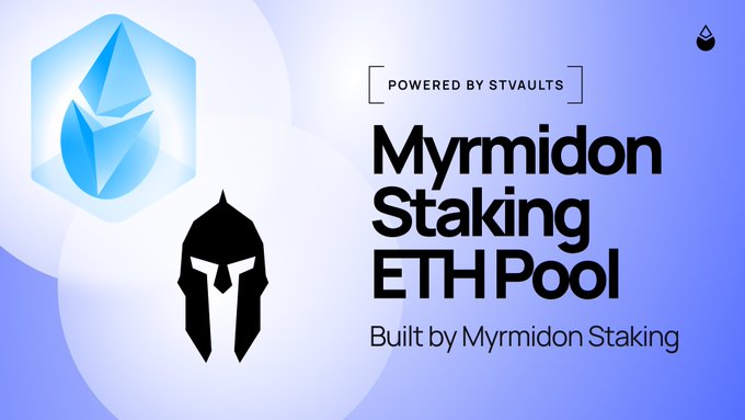 A promotional banner for the "Myrmidon Staking ETH Pool," featuring the Lido (LDO) and Myrmidon Staking logos, with text reading "Powered by stVaults" and "Built by Myrmidon Staking," visually supporting the announcement of the new pooled ETH staking product built on Lido V3.