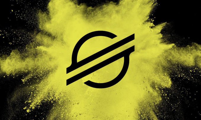 Stellar (XLM) cryptocurrency logo in black against a yellow powder explosion on a black background.