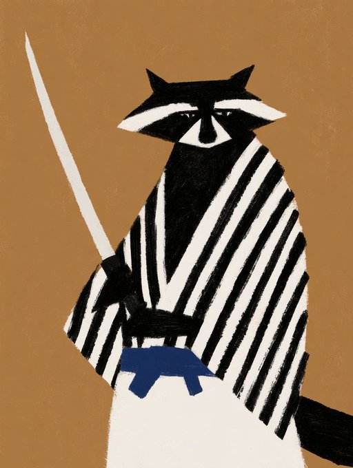 Stylized illustration of an anthropomorphic raccoon dressed as a samurai in a black and white striped kimono, holding a katana sword against a tan background.