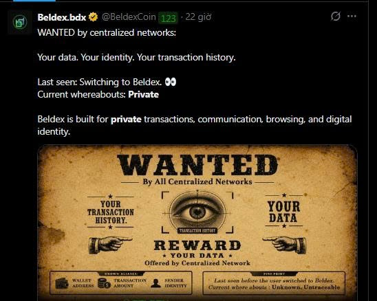 A Beldex (BDX) promotional post on X featuring a 'WANTED' poster styled wanted poster advertising privacy and untraceable transactions against centralized networks.