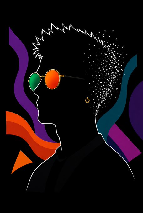 A stylized digital illustration depicts a side-profile silhouette of a person with spiky hair, wearing round sunglasses with green and orange/red lenses, a gold lip ring, and an earring, set against a black background with flowing purple, orange, and teal shapes. The vibrant, crypto/Web3 aesthetic art complements the cheerful "gm gm web3 family happy thursday" message.