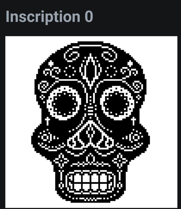 A black and white pixel art sugar skull labeled 'Inscription 0' features ornate symmetrical patterns including a large diamond on the forehead, swirling eye sockets, and a grinning mouth.