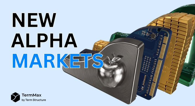 A promotional banner reads 'NEW ALPHA MARKETS' in black and blue text alongside the 'TermMax by Term Structure' logo, featuring a 3D render of a silver Apple logo-shaped padlock, a green circuit board, and gold bars.
