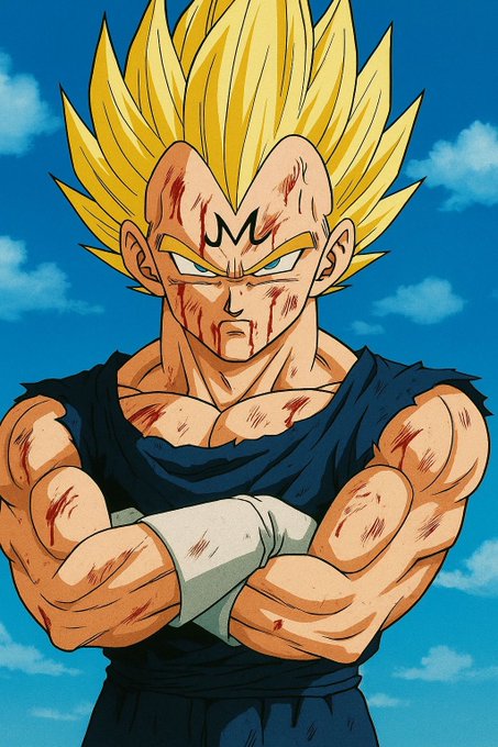 An anime-style illustration depicts a muscular warrior with spiky golden hair, marked with a forehead symbol, crossed arms, and torn blue clothing, bearing battle scars.