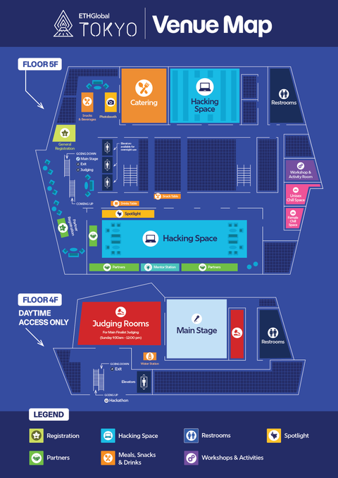 A venue map for 'ETHGlobal Tokyo' showing Floor 5F and 4F layouts, featuring areas like Catering, Hacking Space, Judging Rooms, and a Main Stage.