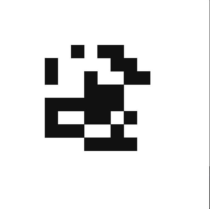 A simple black and white pixel art illustration of a stylized animal face, possibly a duck or bear, on a white background.