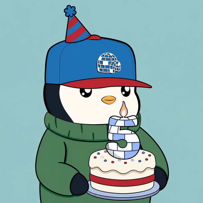 A cute cartoon penguin wearing a blue cap with a disco ball logo and a green sweater, holding a birthday cake with a number '5' candle.